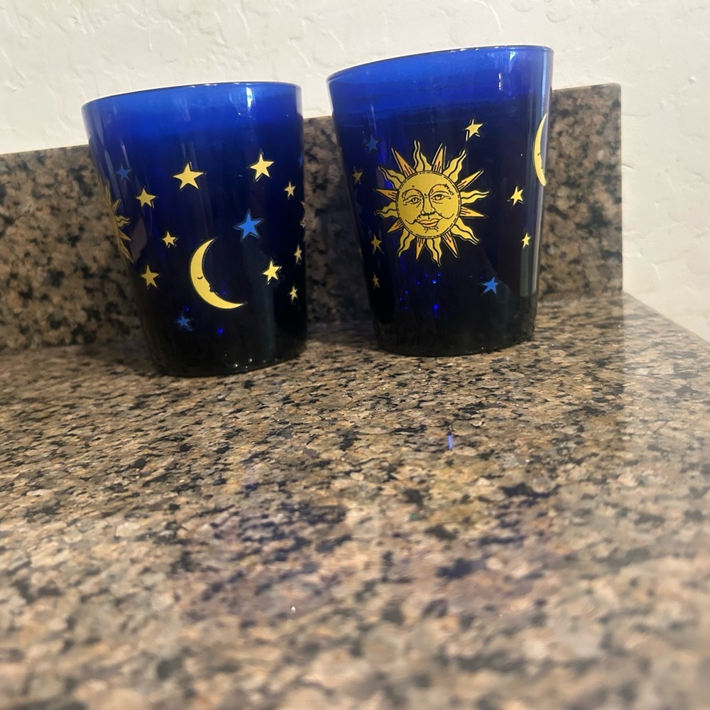 Two Vintage Libby Cobalt Celestial Moon Glasses